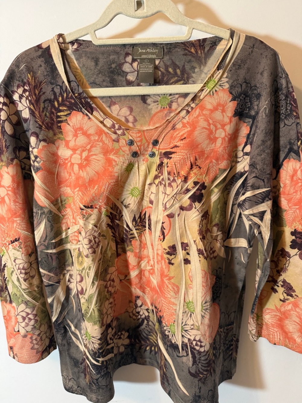Jane Ashley Coral, Cream & Navy Floral Scoop-Neck Tunic